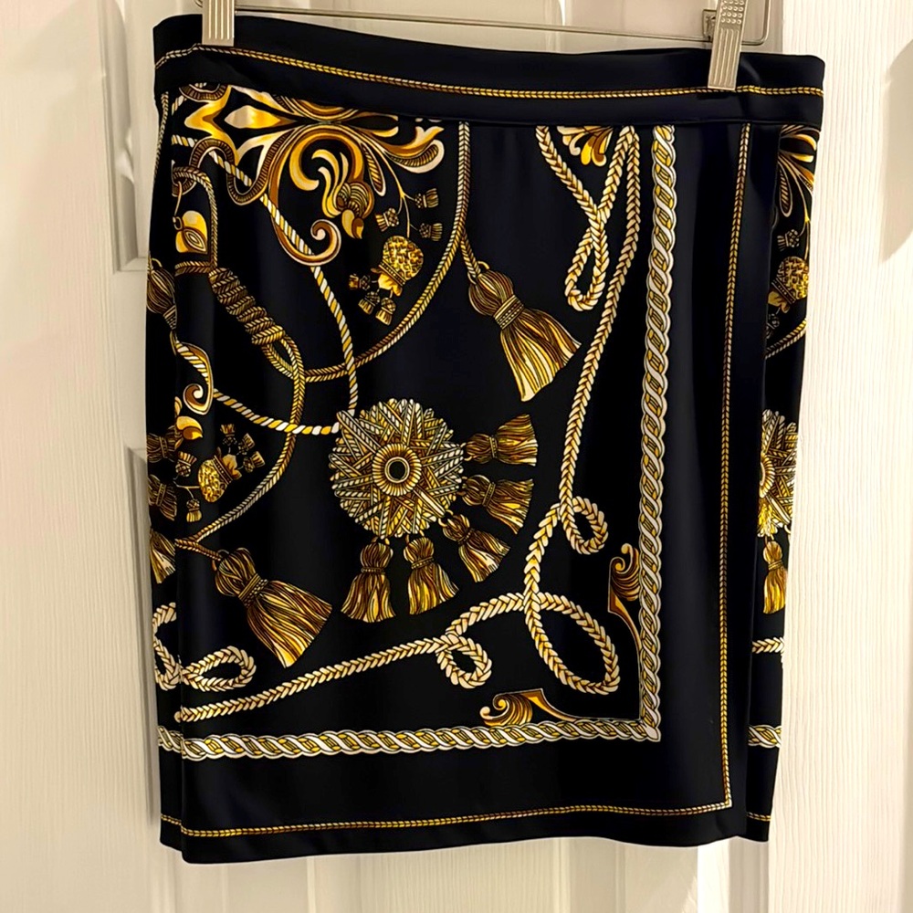 Caché Vintage Black and Gold Elegant Equestrian Print Skirt
